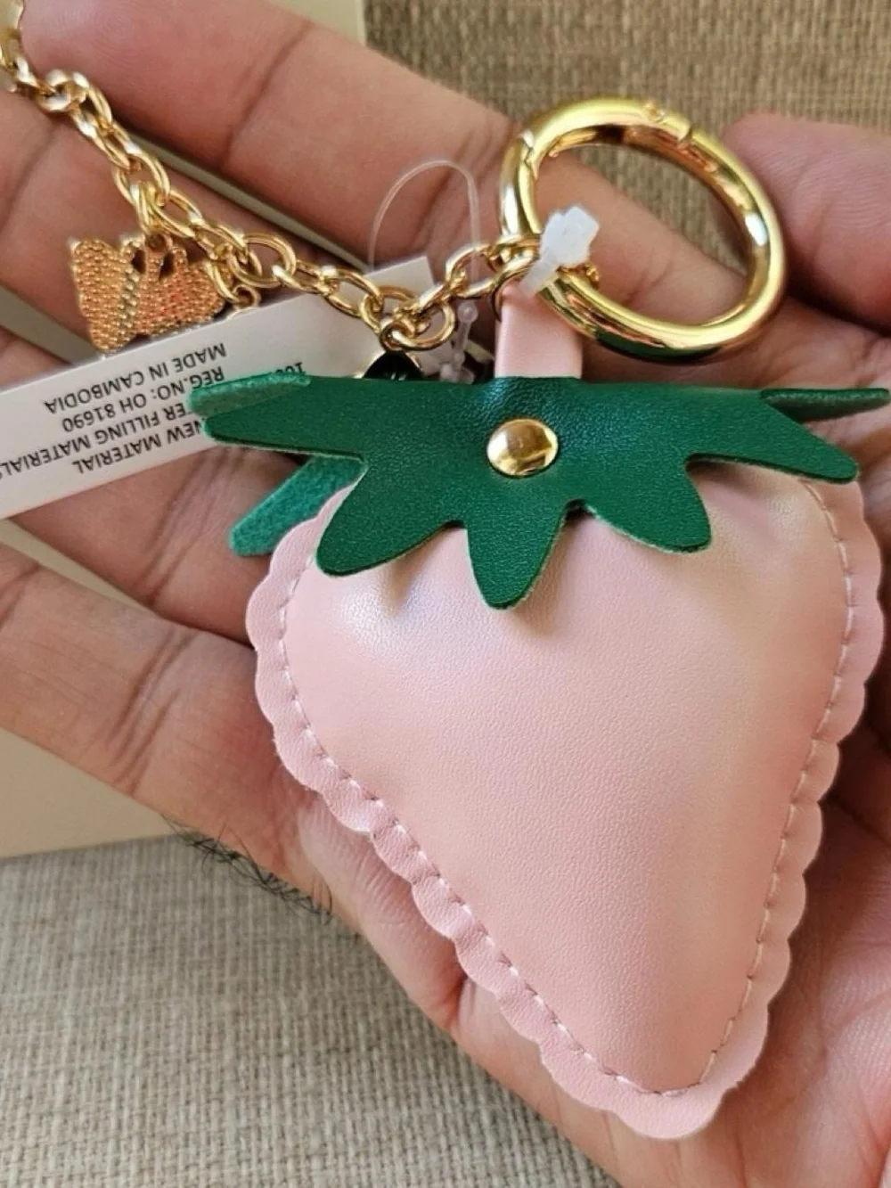 Pink Strawberry Charm Keychain with Green Leaf Accents
